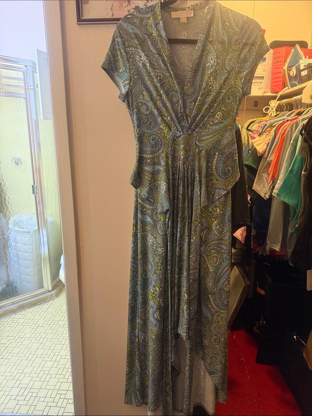 Michael Kors Paisley V-Neck Maxi Dress in Green and Blue